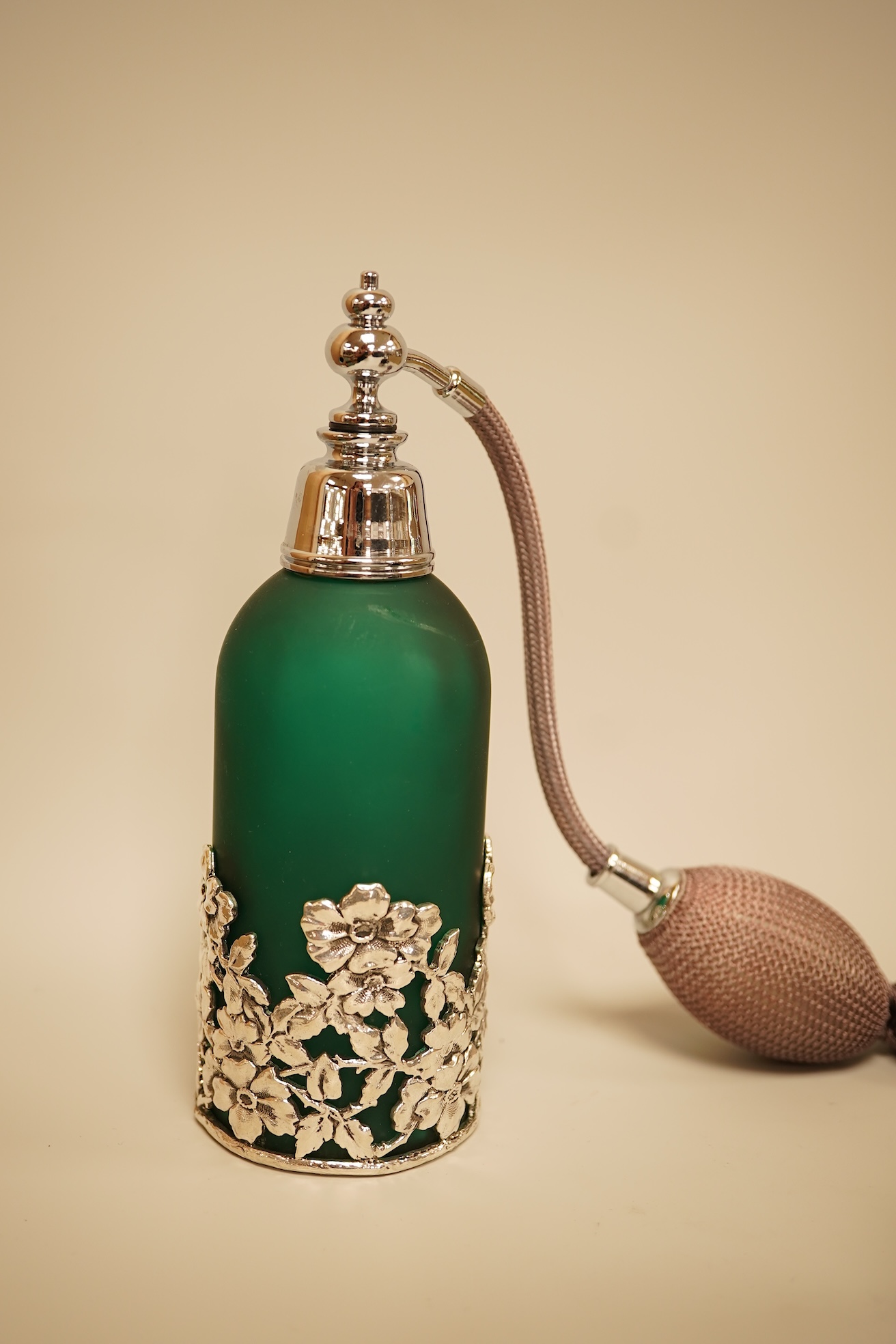 A collection of decorative glass and metal perfume bottles, miniature frames and pill boxes, green glass perfume bottle 15.5cm high.